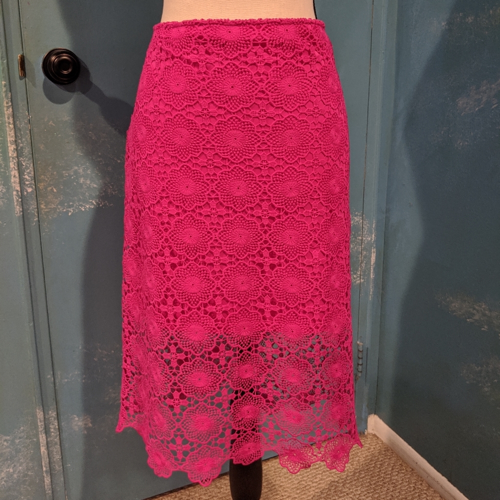 Kensie Hot Pink Crochet Lace Midi Skirt Size Large